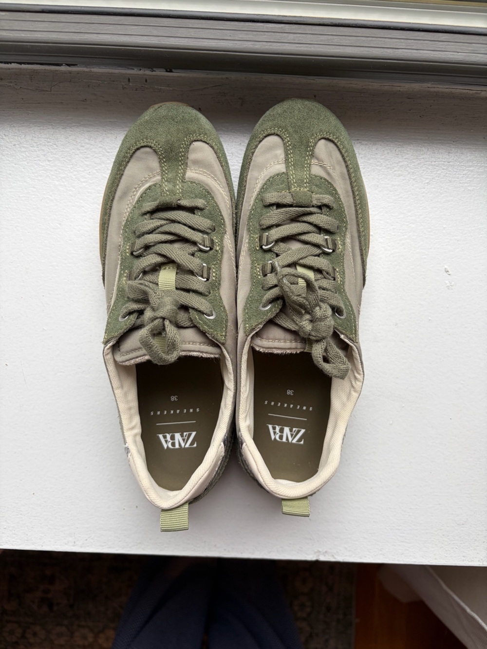 Zara Olive Green & Beige Suede-Trim Sneakers
